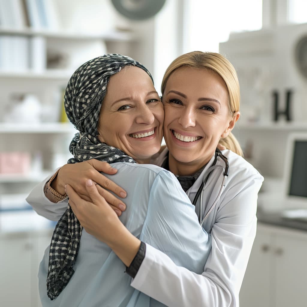Médica abrançando paciente